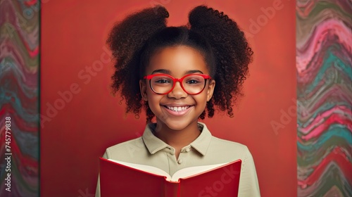 half-portrait of a cheerful African girl with dreadlocks in red glasses and a book