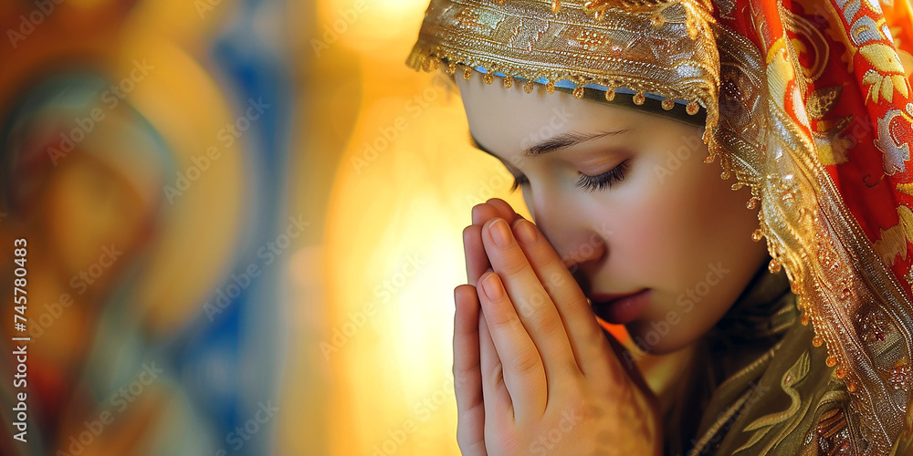 The praying Mary depicted in Byzantine style. AI generative. - obrazy, fototapety, plakaty 