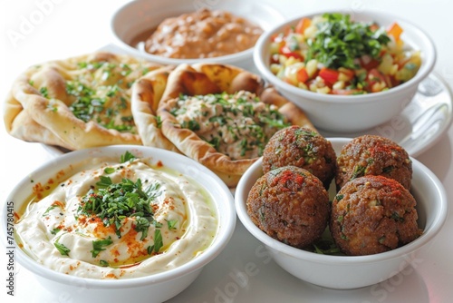 Falafel, hummus and pita. middle eastern or Arabic dishes . halal food.