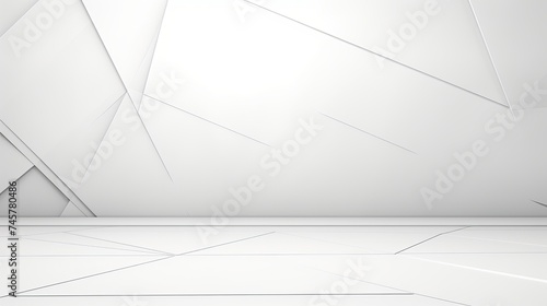 White abstract geometric background as stage with crossed lines, corners and polygon shapes as wall, wood table in soft light gradient white color in calm contemporary minimalist urban style