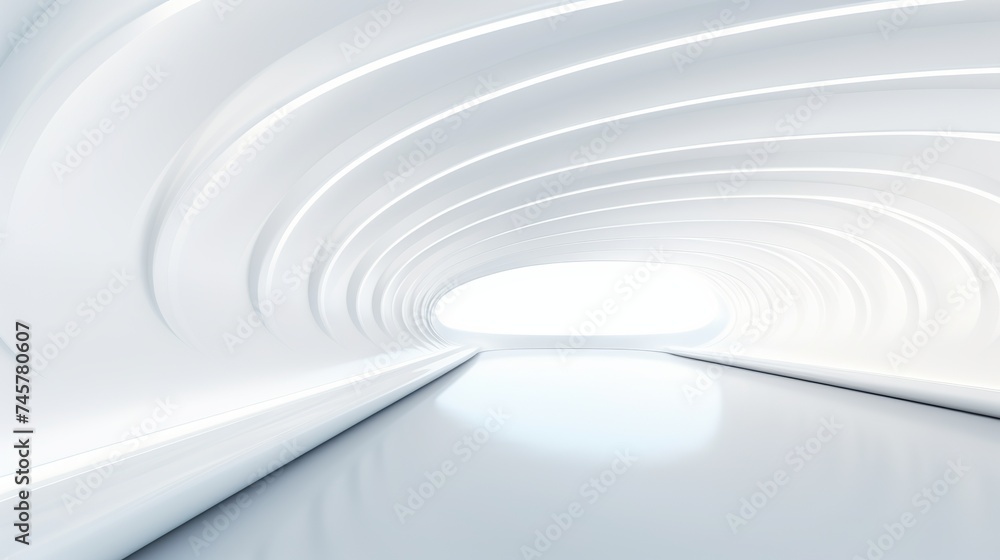 Obraz premium White futuristic tunnel leading to light. Wide angle. Modern style abstract 3d rendered background