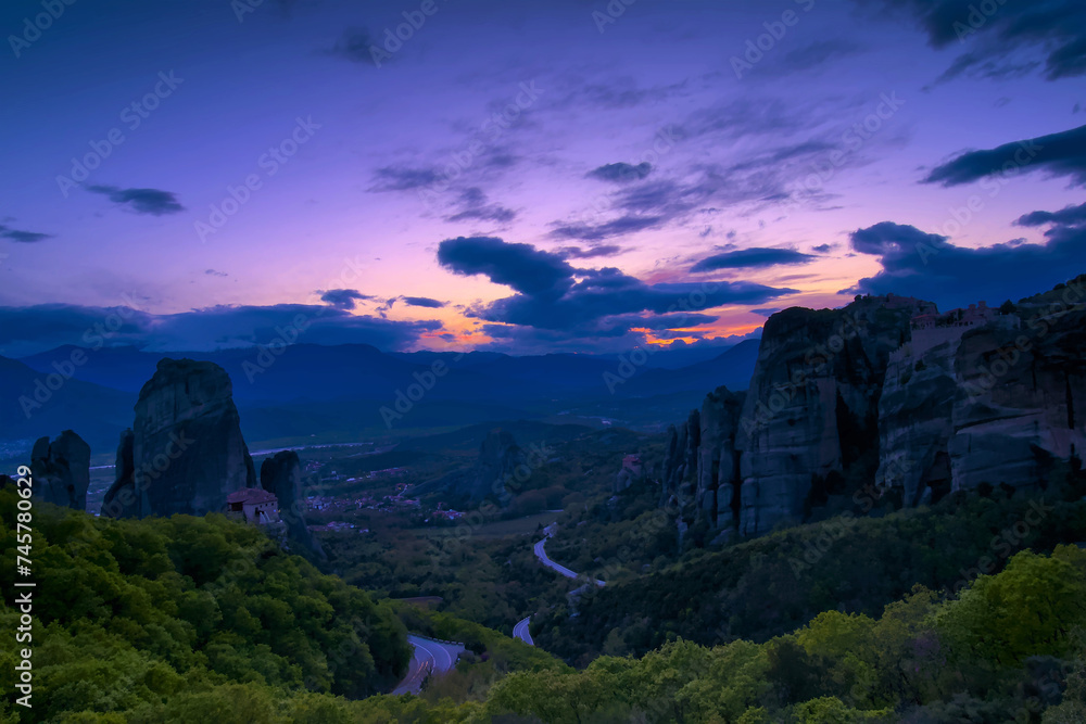 The monasteries of Meteora at sunset - obrazy, fototapety, plakaty 