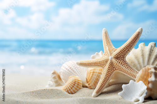 Starfish and seashells under the sunny sea beach - concept of seaside tourism and vacation
