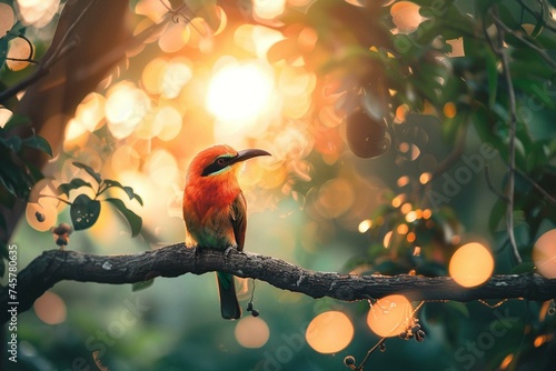 Free photo cute beefeater colorful bird sitting on the tree branch with blurred background photo