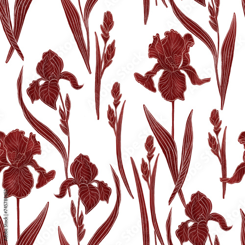 Quadro su tela Hand drawn png seamless floral pattern with Red flowers