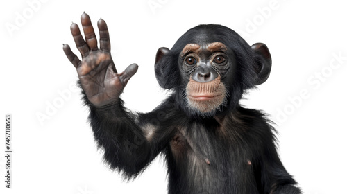 A furry common chimpanzee raises its hand, showcasing its primate intelligence and simian nature among other great apes in the wild