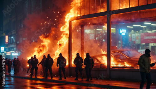 A burning shop during riots in the city