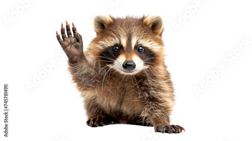 A curious raccoon with its hand up displays its procyonidae intelligence and snout for a closer look at the surrounding wildlife photo