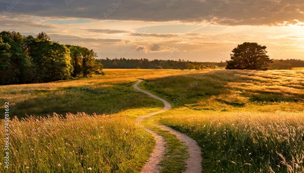 A secluded meadow bathed in the golden light of sunset, with a winding path leading deeper into the landscape.