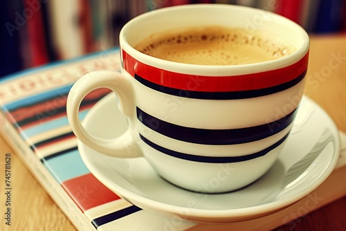 A cozy and inviting scene of a cup of coffee resting on a book, surrounded by serveware and saucers, inviting you to sit down and enjoy a warm beverage in the comfort of your own home photo