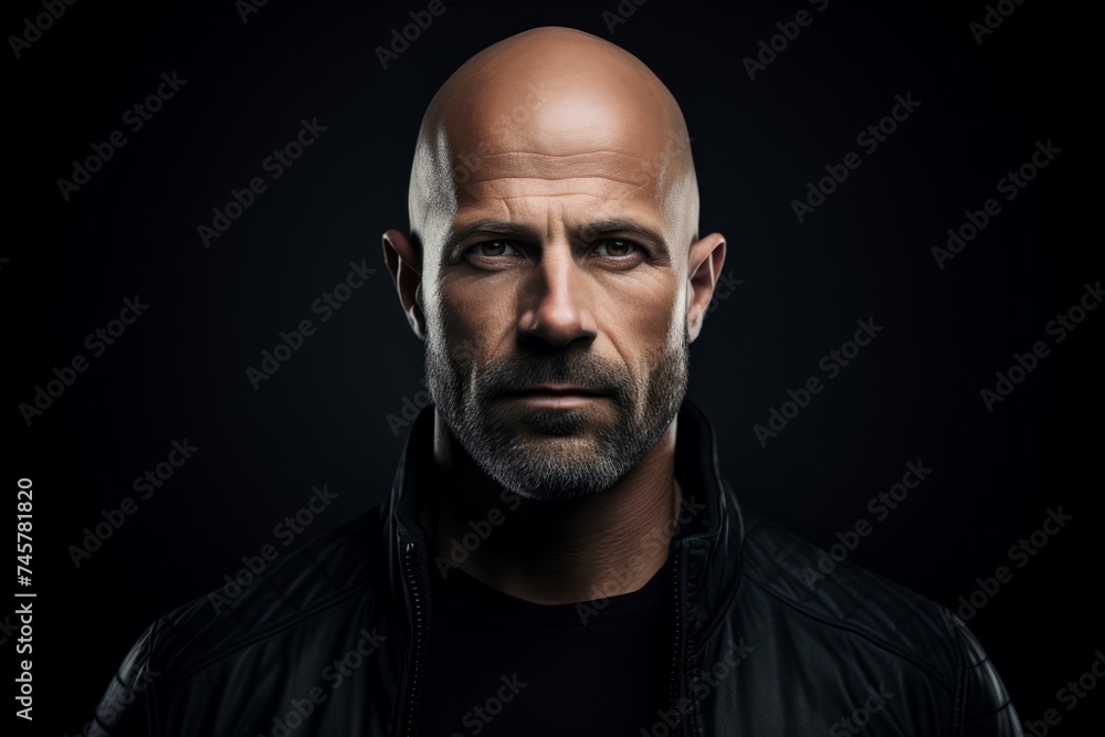 Portrait of a bald man with a beard and mustache in a black leather jacket. Portrait of a bald man with a beard and mustache in a black leather jacket.