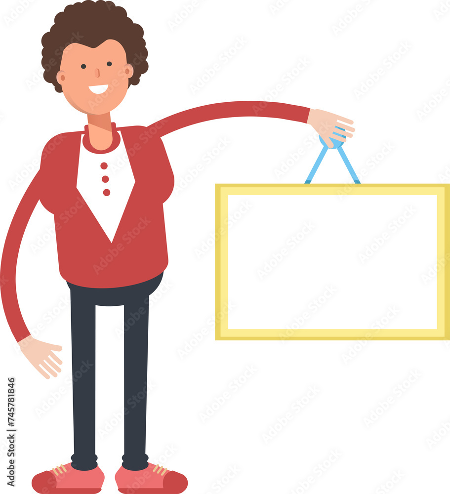 Fototapeta premium Frizzy Hair Man Character Holding Blank Signage