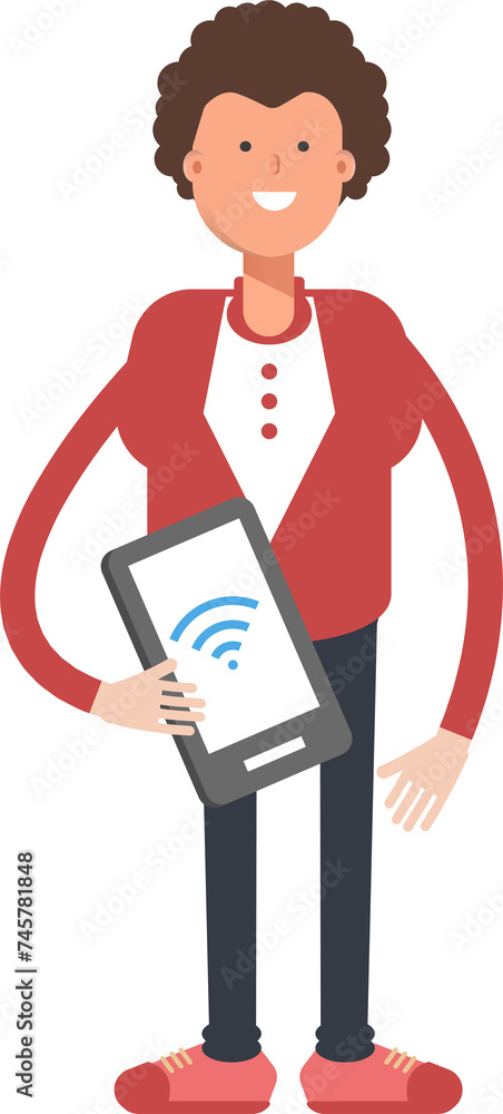Obraz premium Frizzy Hair Man Character Holding Smartphone 