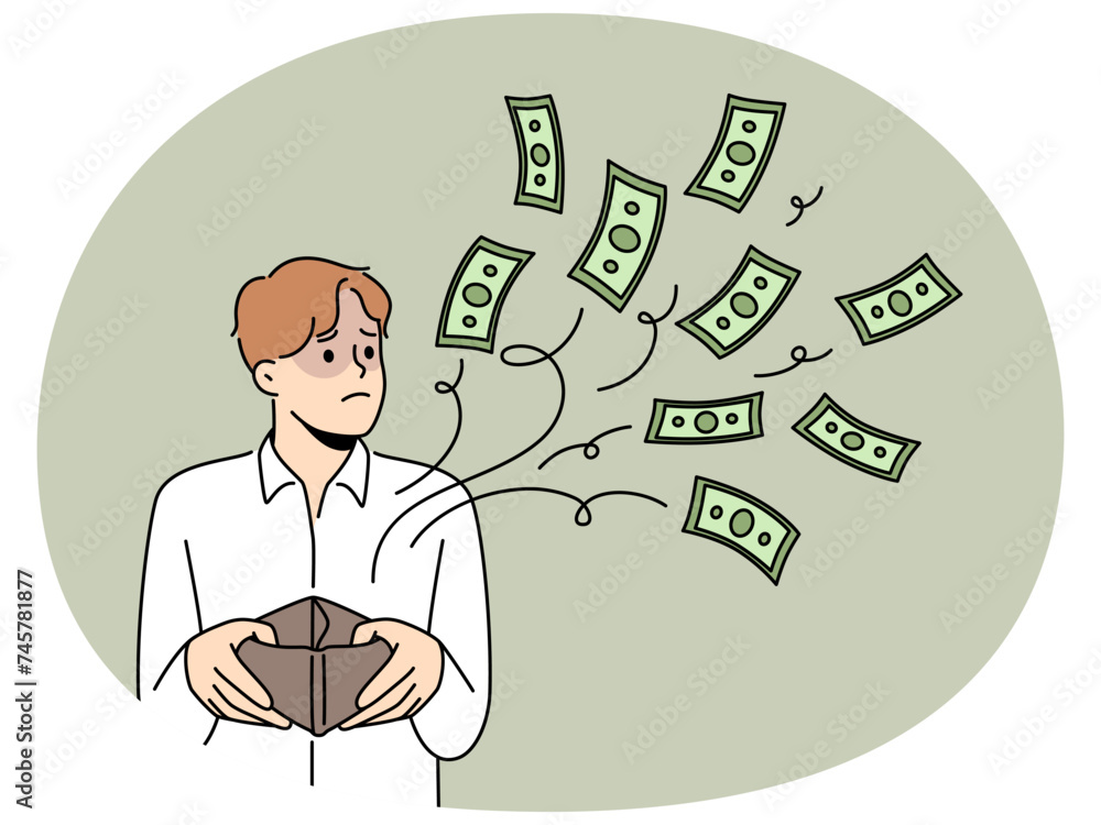 Distressed man with empty wallet suffer from bankruptcy. Unhappy frustrated male have cash flowing from purse. Finance problems. Vector illustration. Distressed man with empty wallet suffer from bankruptcy. Unhappy frustrated male have cash flowing from purse. Finance problems. Vector illustration.