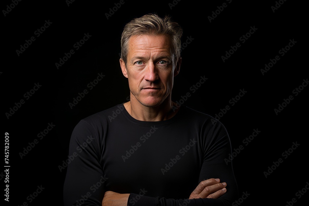 Portrait of a middle aged man in a black sweater on a black background