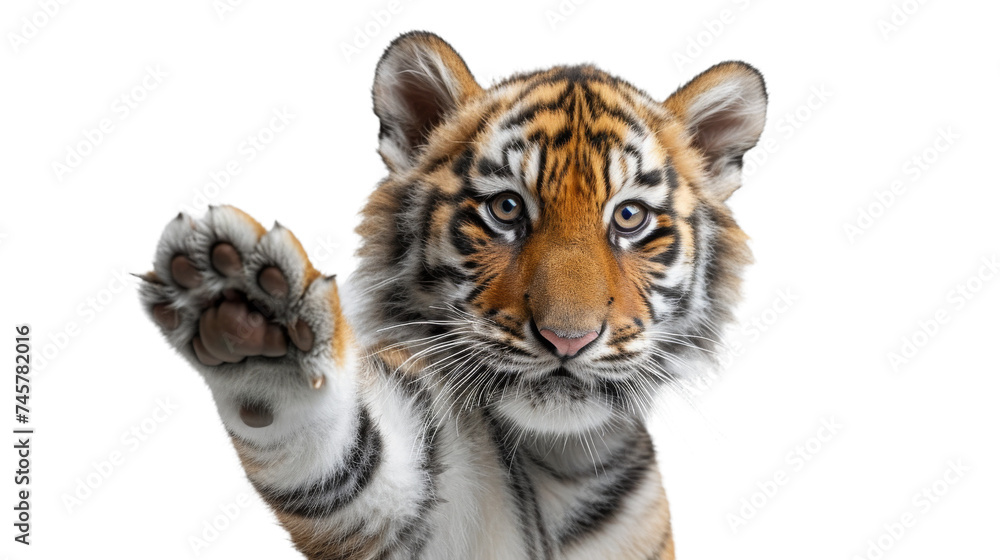 A majestic tiger, with its powerful paw raised, exudes the grace and strength of the magnificent big cats found in the wild, such as the bengal and siberian tiger