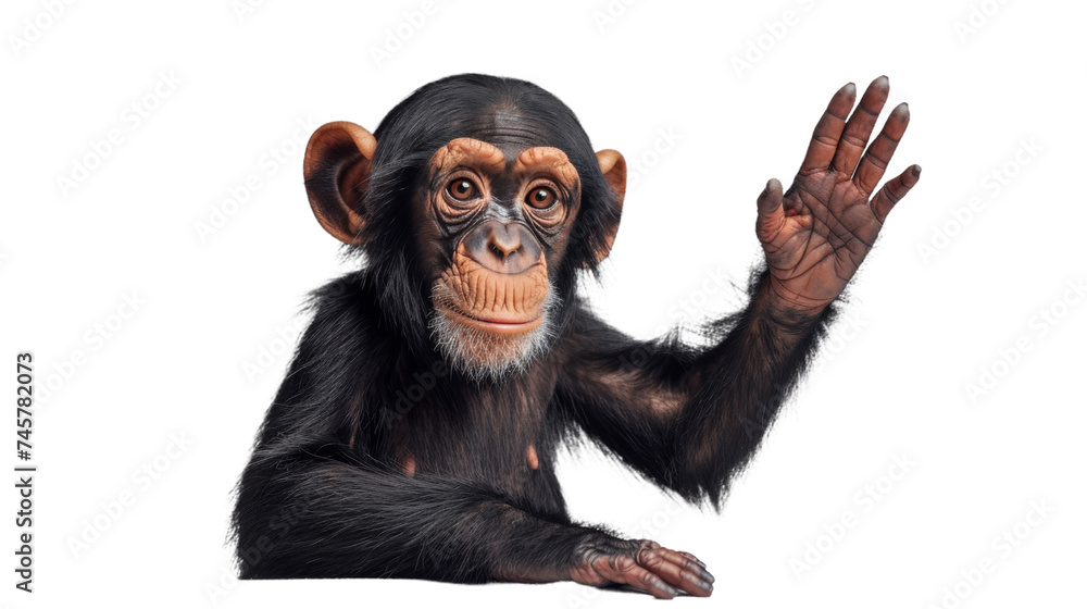 A common chimpanzee stands tall with its hand raised, showcasing its intelligence and close relation to humans as a great ape A common chimpanzee stands tall with its hand raised, showcasing its intelligence and close relation to humans as a great ape