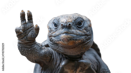 A majestic bronze turtle sculpture stands proudly with its hand raised in a lifelike pose, showcasing the beauty and strength of this beloved reptilian mammal © Daniel