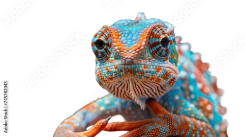 A vibrant reptile  with intricate scales resembling a dragon or chameleon  is captured up close in this stunning image