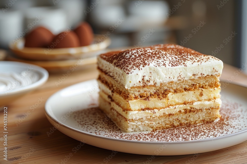 Slice of classic tiramisu dusted with cocoa powder on a white ceramic plate, on a wooden table Slice of classic tiramisu dusted with cocoa powder on a white ceramic plate, on a wooden table