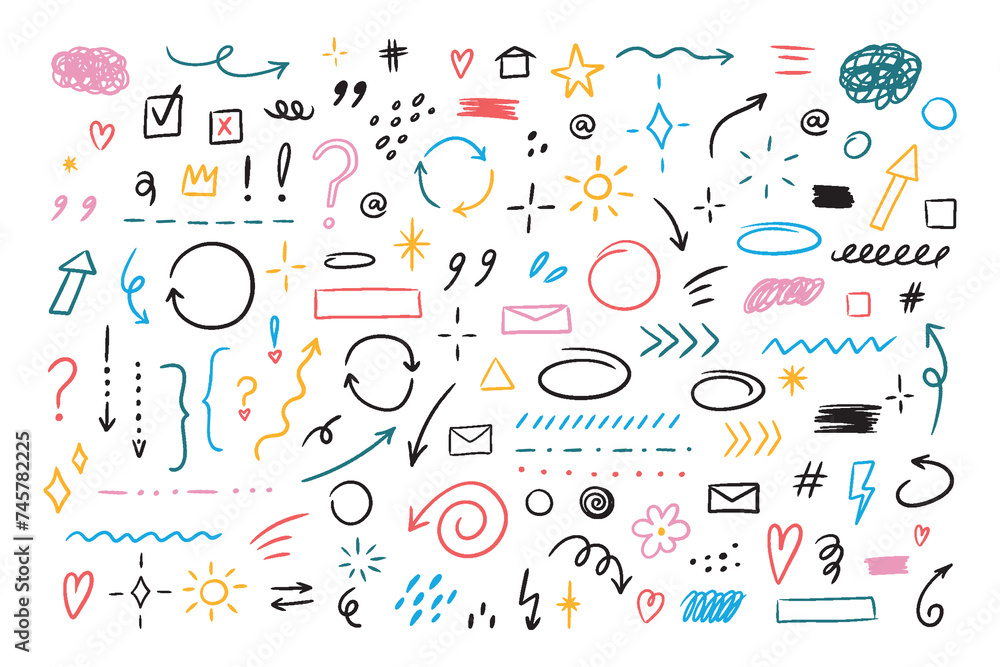 Naklejka premium Hand drawn set of simple decorative elements. Various icons such as hearts, stars, speech bubbles, arrows, lines isolated on white background