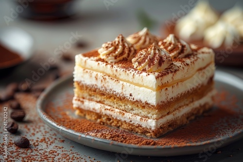 Slice of classic tiramisu dusted with cocoa powder on a gray ceramic plate, with coffee beans scattered around