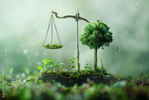 Harmony between law and environmental sustainability. The scales evoke the pursuit of ecological justice and the importance of maintaining an eco-equilibrium in legal framework