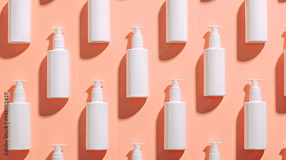 White plastic bottles with lotions and shampoos isolated on a peach background White plastic bottles with lotions and shampoos isolated on a peach background