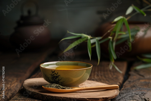 Chinese tea cups, tea sets, and a spoonful of Longjing green tea photo