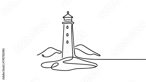 Continuous one simple single abstract line drawing of lighthouse icon in silhouette on a white background. Linear stylized