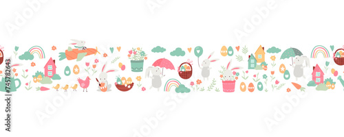 Lovely hand drawn easter seamless pattern with cute decorations, sweet hand drawn bunnies, eggs and flowers - vector design