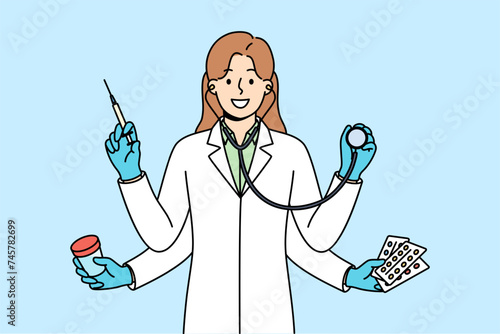Multi-armed woman doctor is ready to simultaneously diagnose and treat patient who comes to clinic. Doctor with stethoscope and pills or syringe in hands smiles demonstrating high productivity