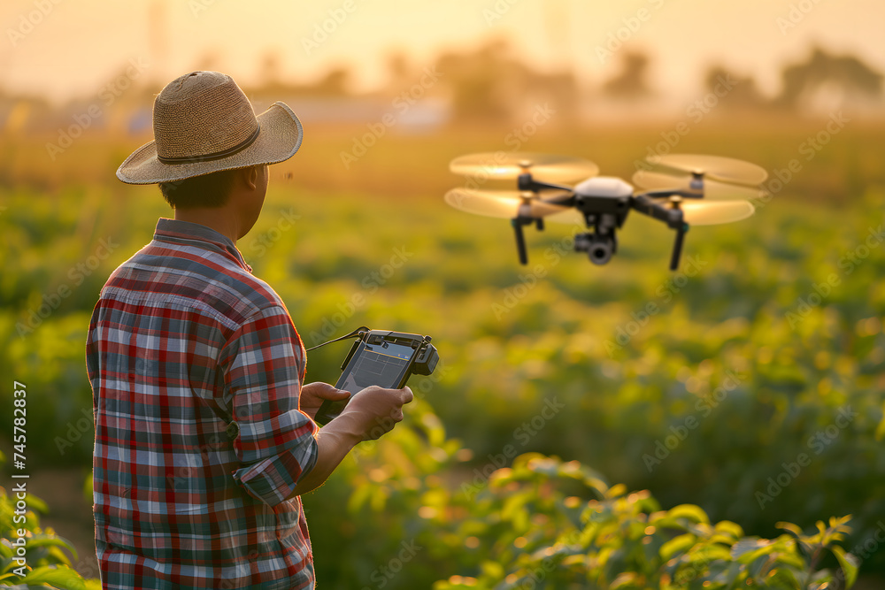 Farmer in the field using drone