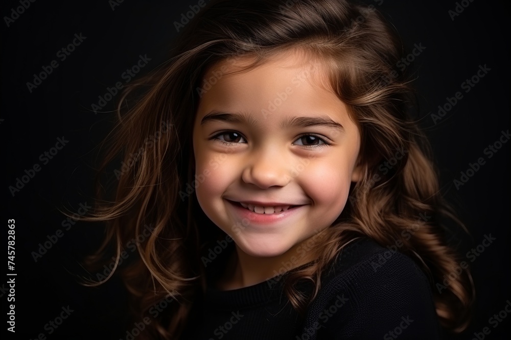 Portrait of a smiling little girl on a dark background. Studio shot. Portrait of a smiling little girl on a dark background. Studio shot.