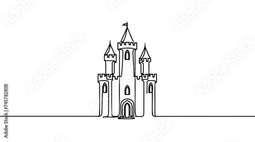 Single one line drawing of castle in an amusement park with four towers and two flags on it.