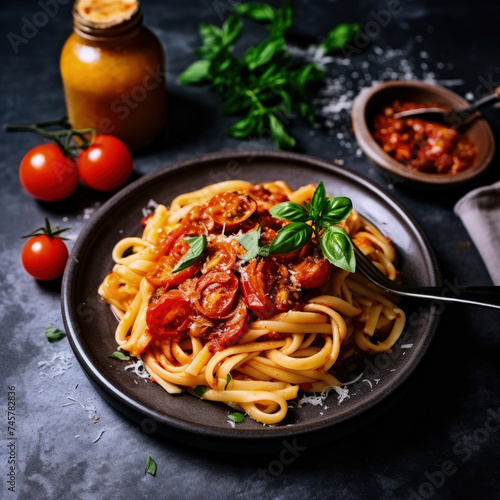 Gastronomic photo of a pasta dish with arrabiata sauce, accompanied by olive oil, tomatoes.