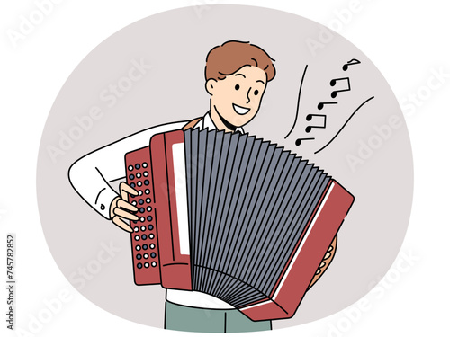 Smiling man playing on accordion. Happy male play music on traditional musical instrument. Entertainment and hobby. Vector illustration.