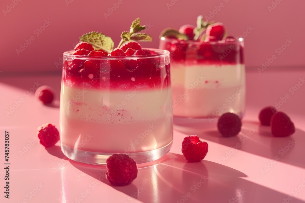 Two glasses of layered dessert with panna cotta and raspberry coulis topped with fresh raspberries and mint, on a pink background Two glasses of layered dessert with panna cotta and raspberry coulis topped with fresh raspberries and mint, on a pink background