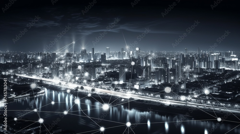 Black and white smart city with data communication flow network, communication technology concept Black and white smart city with data communication flow network, communication technology concept