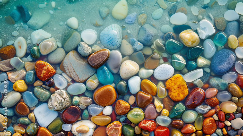 Glass stones with a smooth texture on the turquoise lake's shoreline
Glass stones with a smooth texture on the turquoise lake's shoreline