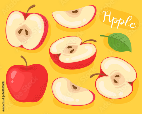 Apple. Half, slice and whole of red apple. Fresh, ripe fruit. 