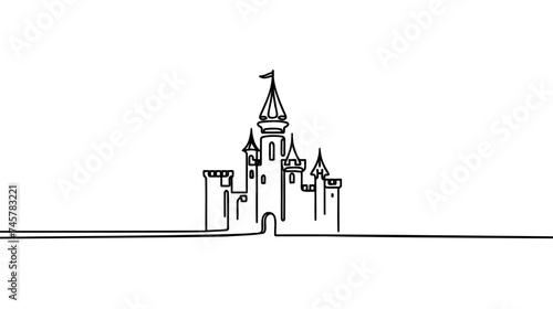 Single one line drawing of castle in an amusement park with four towers and two flags on it.