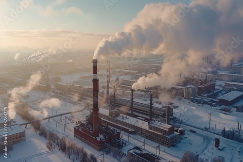 Industrial power plant with thick CO2 smoke from chimney. Pollution and carbon dioxide emissions footprint from fossil fuel burning. Global warming cause and urban environment problem from factories.