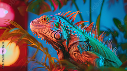 Iguana with vibrant neon coloring