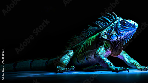 Iguana with bright neon coloring on a black isolated background © Taisiia
