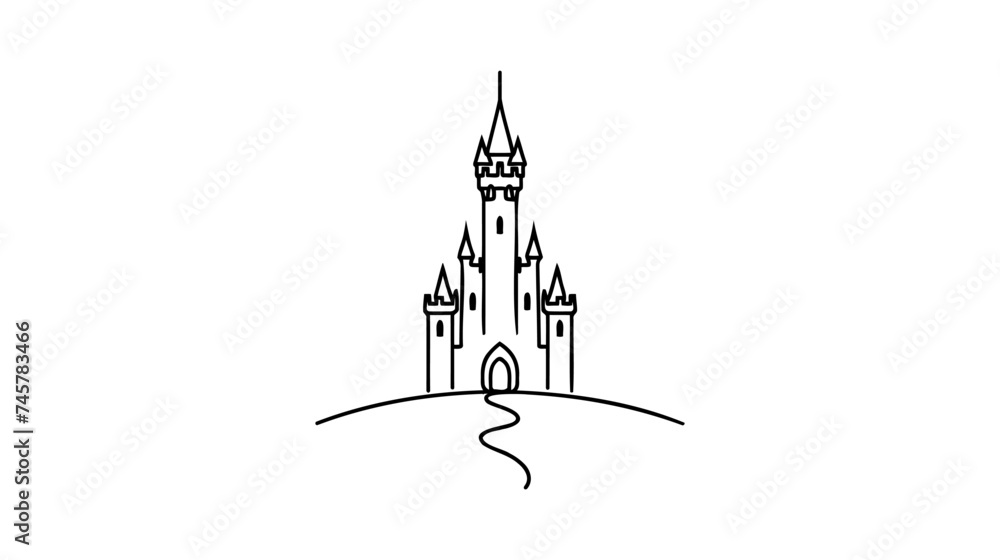Single one line drawing of castle in an amusement park with four towers and two flags on it.