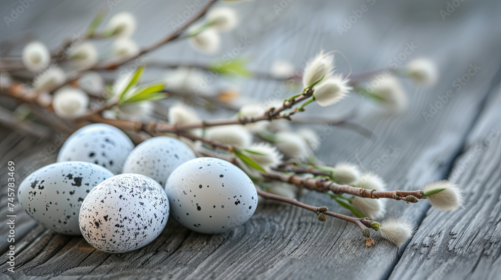 Easter eggs of different shades, connected by a willow branch, located on a wooden gray frame