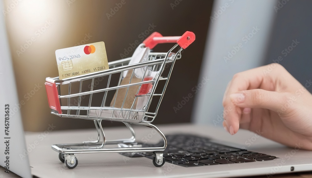 Credit card in small cart with shopping online concept