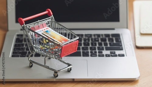 Credit card in small cart with shopping online concept