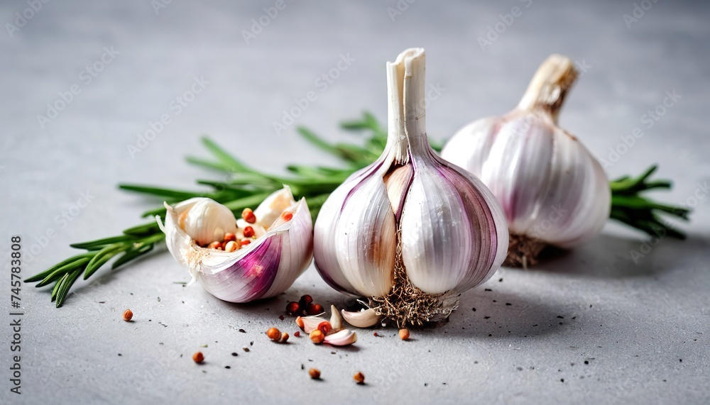 Garlic. Garlic bulbs. Fresh garlic with rosemary and pepper on white concrete board - obrazy, fototapety, plakaty 